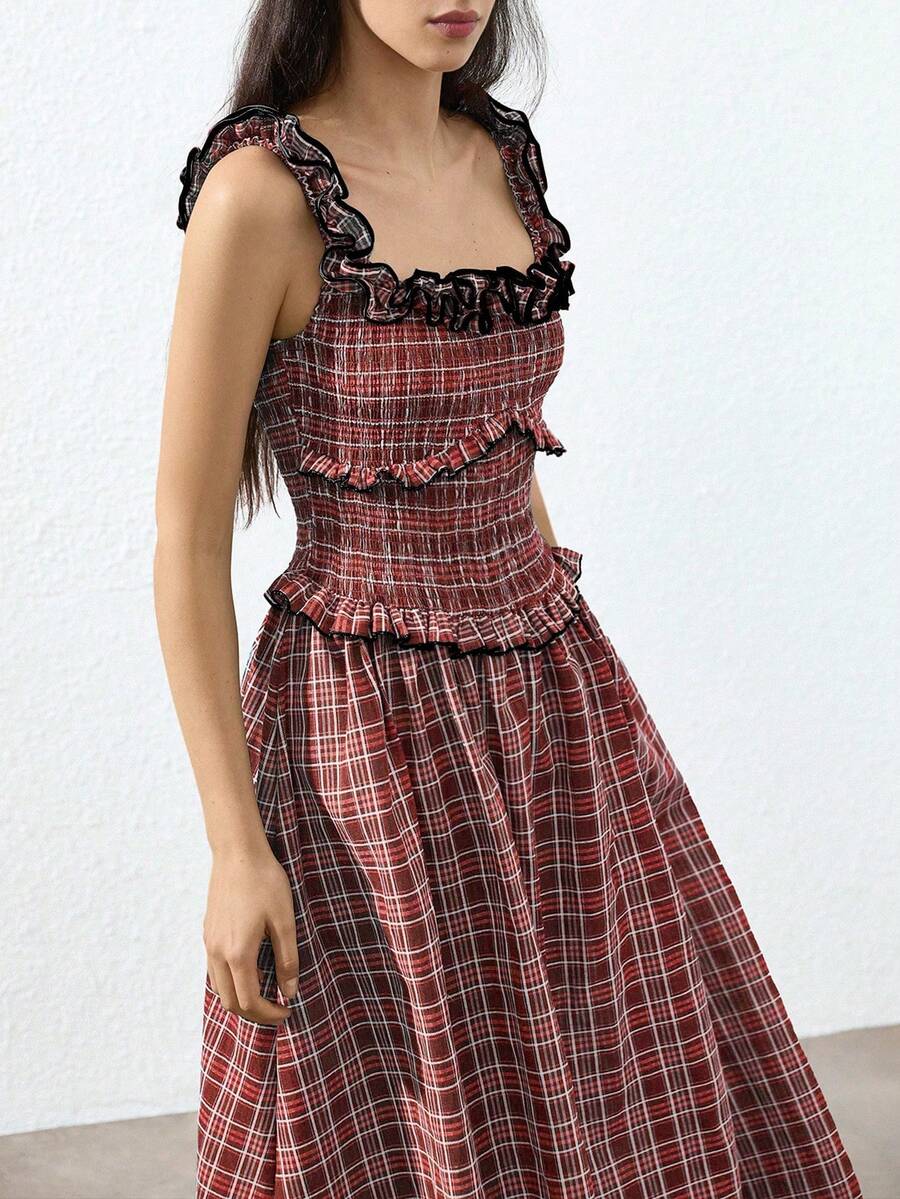 Aveloria GENKIRA Vestido largo de cuadros con volantes franceses vintage, cintura fruncida, falda de vuelo de varios niveles, dobladillo contrastante y cuello convertible único para mujeres - Multicolor - Ver 1