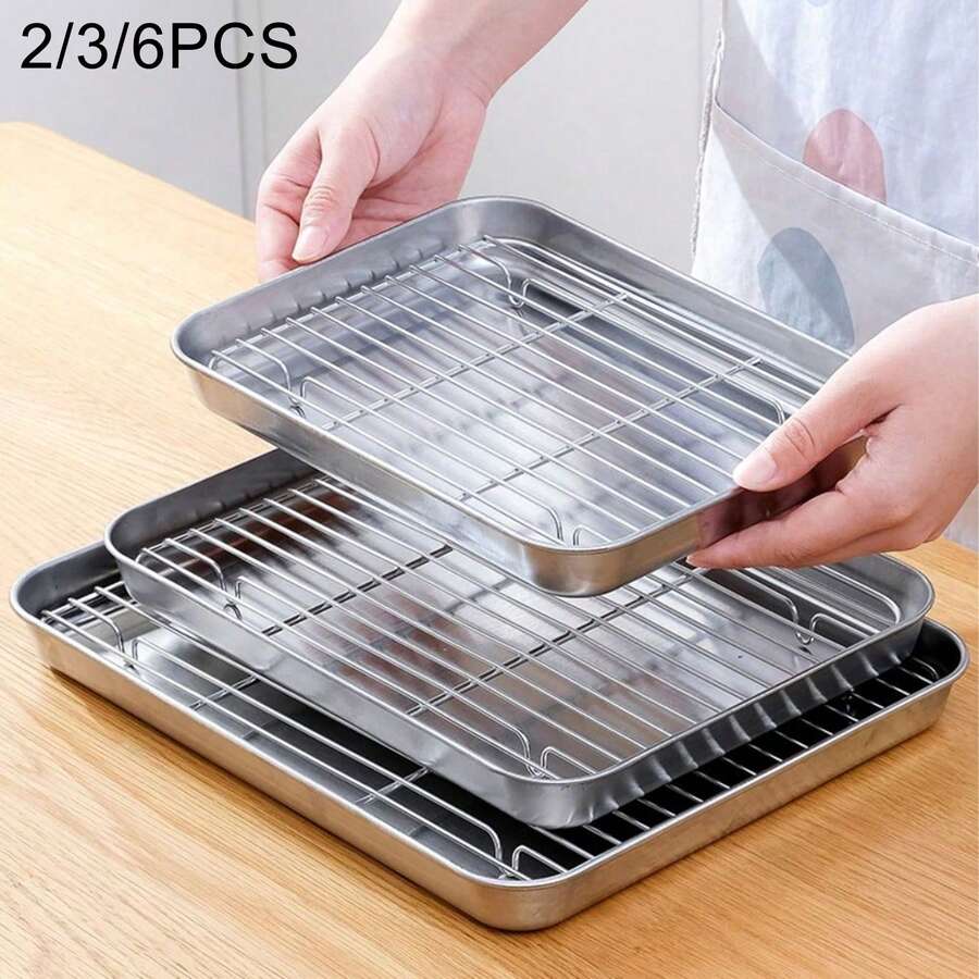 Juego de 2/3/6 piezas de bandeja de hornear y rejilla de parrilla de acero inoxidable - Bandeja de horno multifuncional con rejilla de enfriamiento, juego de bandejas de hornear, duradero, fácil de limpiar - Bandeja de hornear de acero inoxidable con fondo plano, bandeja de hornear para barbacoa, sartén de parrilla para barbacoa, sartén de barbacoa específico para horno, rejilla de alambre, bandeja de goteo de aceite, apto para pollo asado a la barbacoa, sartén de barbacoa esencial para el hogar, sartén multifuncional cuadrado, sartén grueso para sushi, postres y aperitivos, sartén de barbacoa con fondo plano, apto para Navidad, Halloween, Pascua, Acción de Gracias - Apto para lavavajillas, juego de utensilios de cocina resistentes al calor
