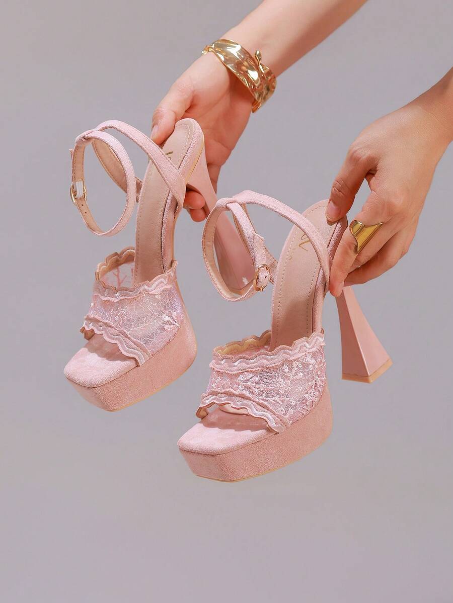 Sandali con tacco alto rosa ricamati in pizzo, scarpe da festa sexy con punta aperta, punta quadrata, tacco a calice di vino, platform, ciabatte da ballo, scarpe estive da donna - Rosa - Visualizzare 1