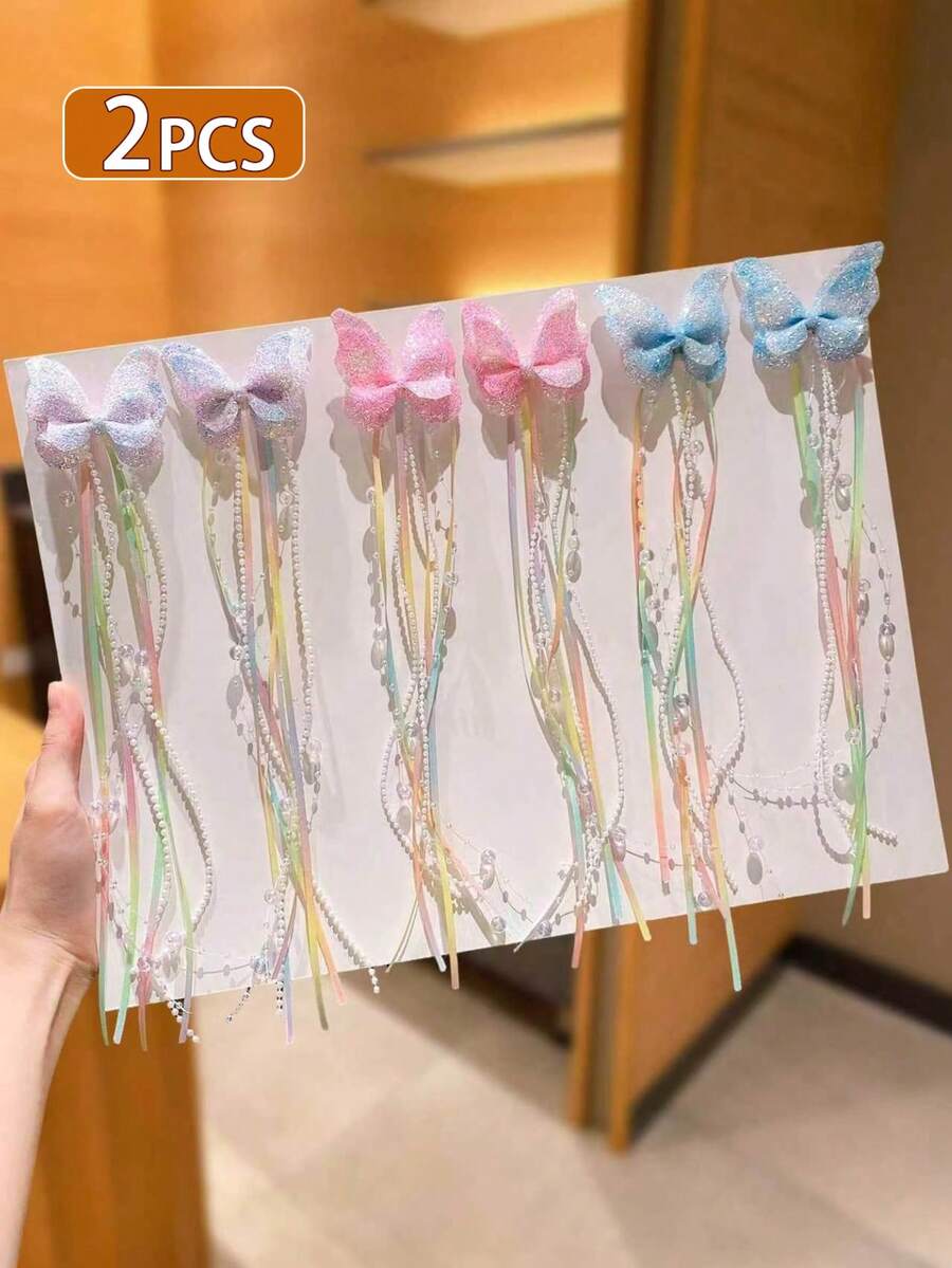 2个闪亮蝴蝶发夹，带丝带和亮片装饰的彩虹仙子发夹，可爱甜美的公主风发饰，理想的生日派对礼物