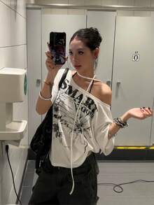 Retro American Bowknot Print Short Sleeve T-Shirt, Casual Loose Fit Summer Top For Women White - White - View 5