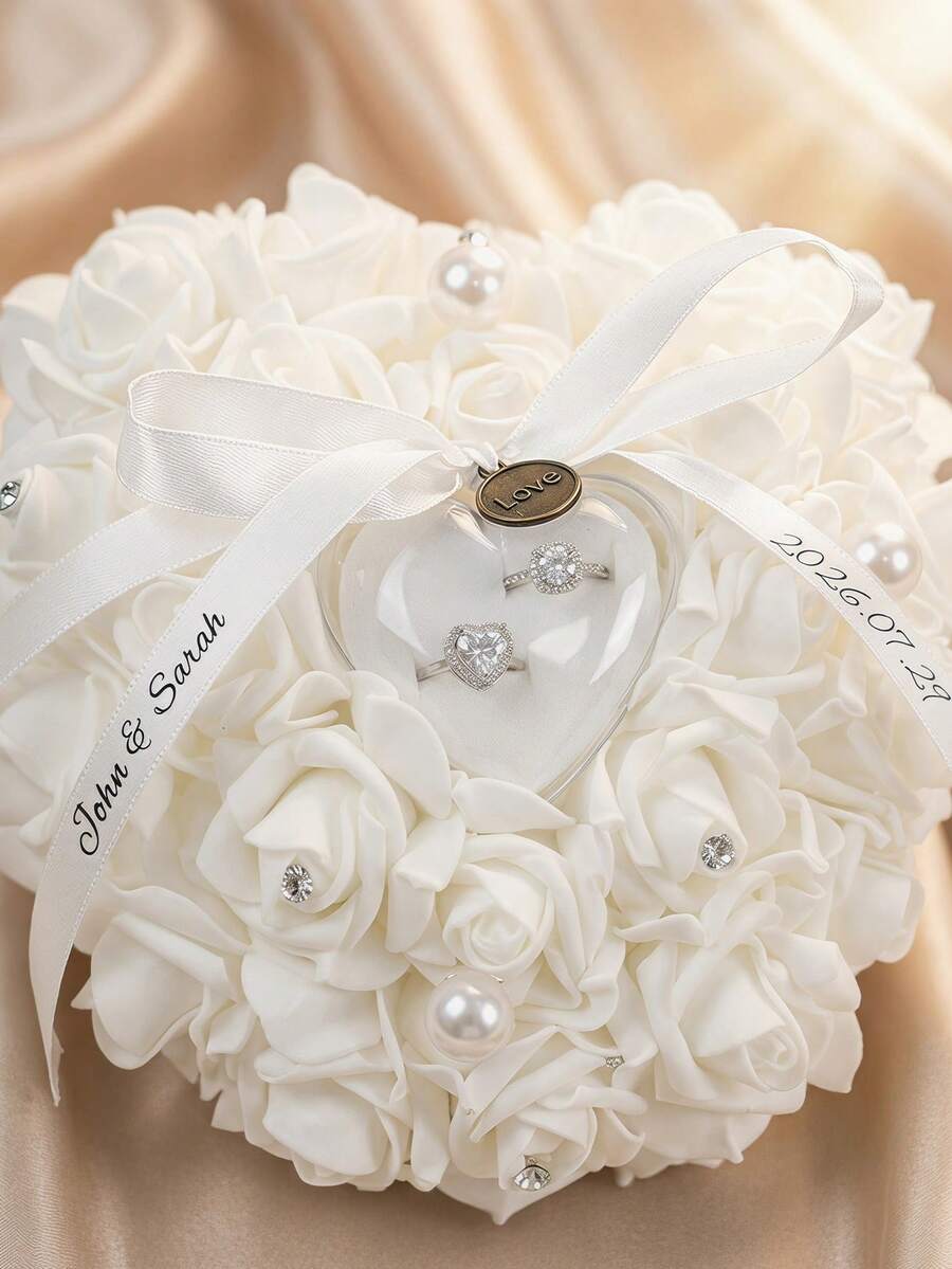 1 Peça Caixa de Almofada de Anel em Formato de Coração com Flores Personalizada com Fita de Renda Elegante, Caixa de Suporte de Anel de Casamento Personalizável, Presente de Proposta para Noiva e Madrinha, Adequado para Cerimônia de Noivado e Casamento, Presente Perfeito para Dia dos Namorados e Natal - Multicolorido - Visão 1