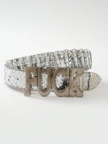 1 pieza Cinturón de cuero de unicolor para hombres con hebilla, letra y diamantes de imitación, estilo hip hop punk callejero - Hebilla con letra - Ver 20