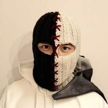 Men's Headgear Autumn/Winter Knit Hat Black And White Color Block Warm Face Mask Balaclava Hat Unique Stylish Funny Stitched Headgear - Black and White - View 3