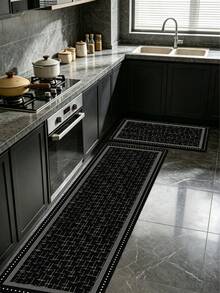 1 buah Keset Lembut Lumpur Diatom Garis Hitam & Putih Minimalis, Alas Hitam dengan Tekstur Halus Bergaris Silang dan Pinggiran Titik-titik Dua Lapis, Keset Lantai Anti Selip yang Menyerap untuk Dapur, Kamar Mandi, Lorong Masuk, Ruang Cuci, Kamar Tidur, Ruang Tamu, Karpet Kecil Dekoratif - MultiWarna - View 1