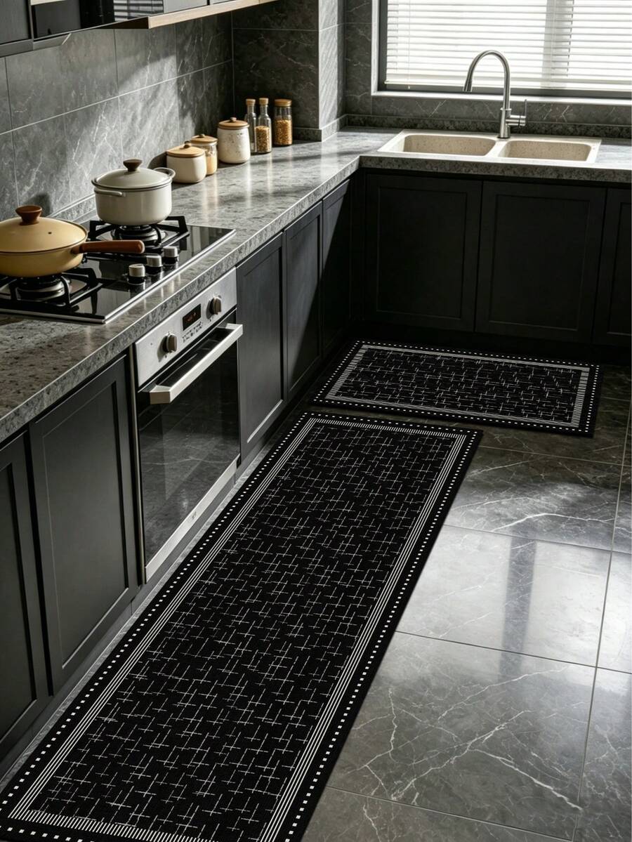 1 buah Keset Lembut Lumpur Diatom Garis Hitam & Putih Minimalis, Alas Hitam dengan Tekstur Halus Bergaris Silang dan Pinggiran Titik-titik Dua Lapis, Keset Lantai Anti Selip yang Menyerap untuk Dapur, Kamar Mandi, Lorong Masuk, Ruang Cuci, Kamar Tidur, Ruang Tamu, Karpet Kecil Dekoratif - MultiWarna - View 1