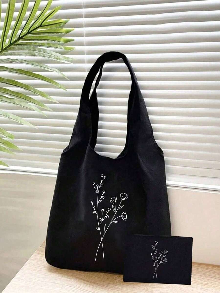 一套女士帆布手提袋和配套化妆包，可重复使用购物手提袋，印花图案单肩包，大容量学生手提包，简约大容量手提袋
