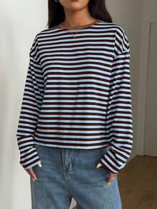 SDNGED Women's Casual Top, Striped Color Block Ribbed Fabric, Everyday Wear Spring/Autumn - Blue-brown - View 6