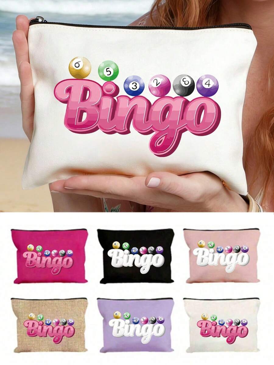 Bingo 字母印花旅行盥洗包，卡通趣味多功能帆布包，充電器收納包，旅行化妝必需品包：女性旅行生存包，中性拉鍊收納袋，化妝品、彩妝和輕便旅行必需品，適合青少年，生日和旅行配件，節日禮物，母親節禮物