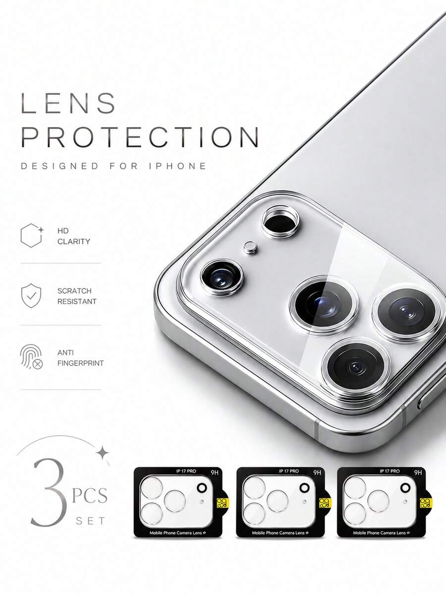 3pcs - 17 Pro Max High Definition Camera Lens Screen Protector, 9H Tempered Glass, Anti-Scratch, Bubble-Free, Clear Display, Compatible With IPhone18Promax/18Pro/17 Pro/17 Air/17/16 Pro Max/16 Pro/16 Plus/16/15 Pro Max/15 Pro/15 Plus/15/14 Pro Max/13/12/11 And Other Models. Phone Accessories, Compatible With Phone Cases. - Clear - View 1