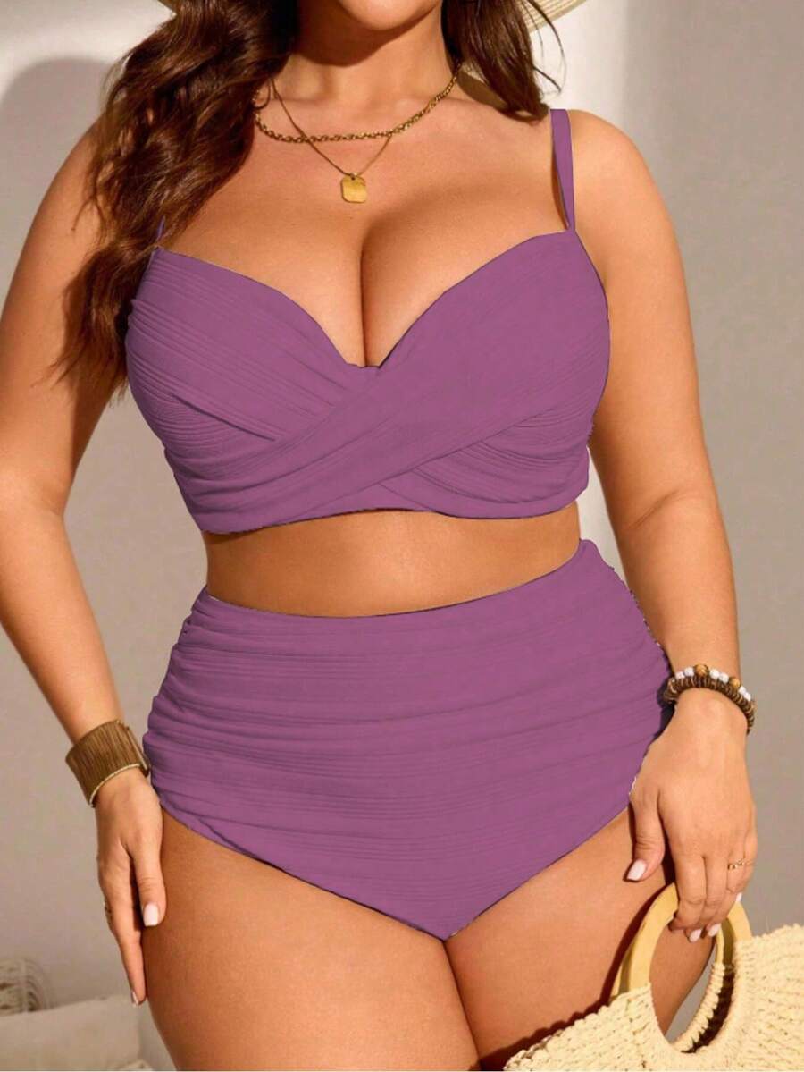 Swim Lushoire Conjunto de bikini tankini de talla de unicolor con recogido para la playa de verano - Rosa Fucsia - Ver 1