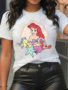 Disney The  Ariel Women T Shirt Casual Black Short Sleeve O Neck Top Featuring Ariel Flounder And Sebastian Print - 粉色 - 查看 11