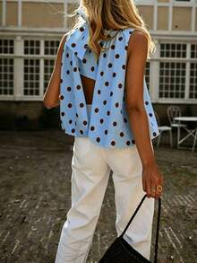 New Women's Bow Woven Fabric Backless Sleeveless Printed Polka Dot Top Tank Shirt Casual Spring Summer Blouse - Blue - View 10