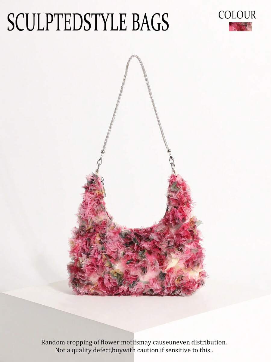 Bolso de hombro hobo de encaje amarillo-verde con diseño floral hueco y adornos de strass para mujer, adecuado para vacaciones (patrón floral distribuido aleatoriamente) - Rosa - Ver 1