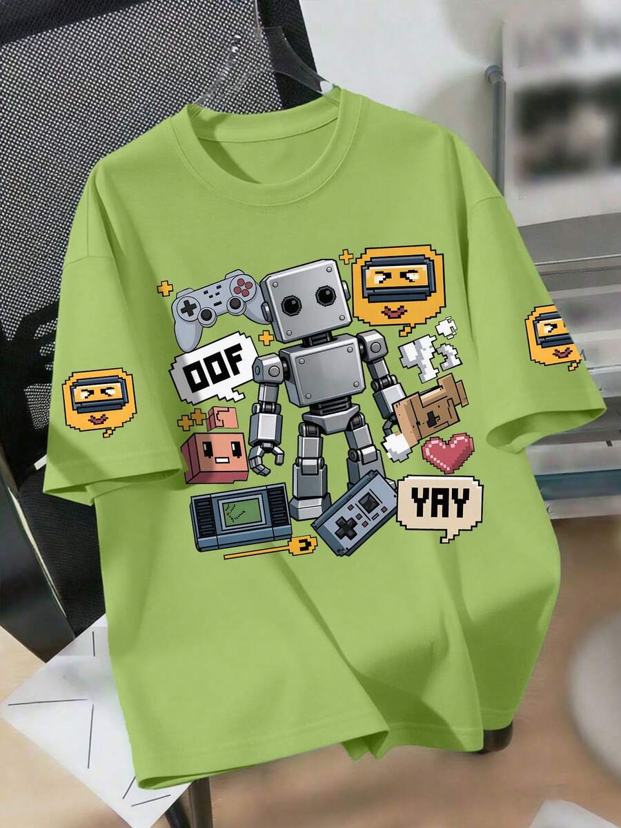 Kaos Lengan Pendek Kerah Bulat Bergambar Kartun Game untuk Anak Laki-laki, Ideal untuk Pakaian Sehari-hari di Musim Panas dan Aktivitas Sekolah - Hijau - View 1