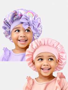 2pcs Printed Elastic Ribbon Satin Round Bonnet Hair Cap For Toddlers - K-21 Bloodfang / JDKB-21E Violet Unicorn - View 3