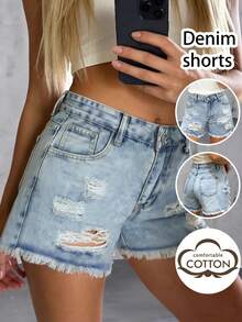 Shorts vaqueros vintage con dobladillo deshilachado y rasgado, estilo callejero personalizado Y2K. Shorts vaqueros casuales de unicolor versátiles para adolescentes - Lavado ligero - Ver 8
