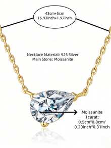 KAHOOT 1pc Minimalist High-Quality 925 Sterling Silver 1ct Moissanite Teardrop Necklace, Suitable For Women's Daily Wear - Gold - View 8