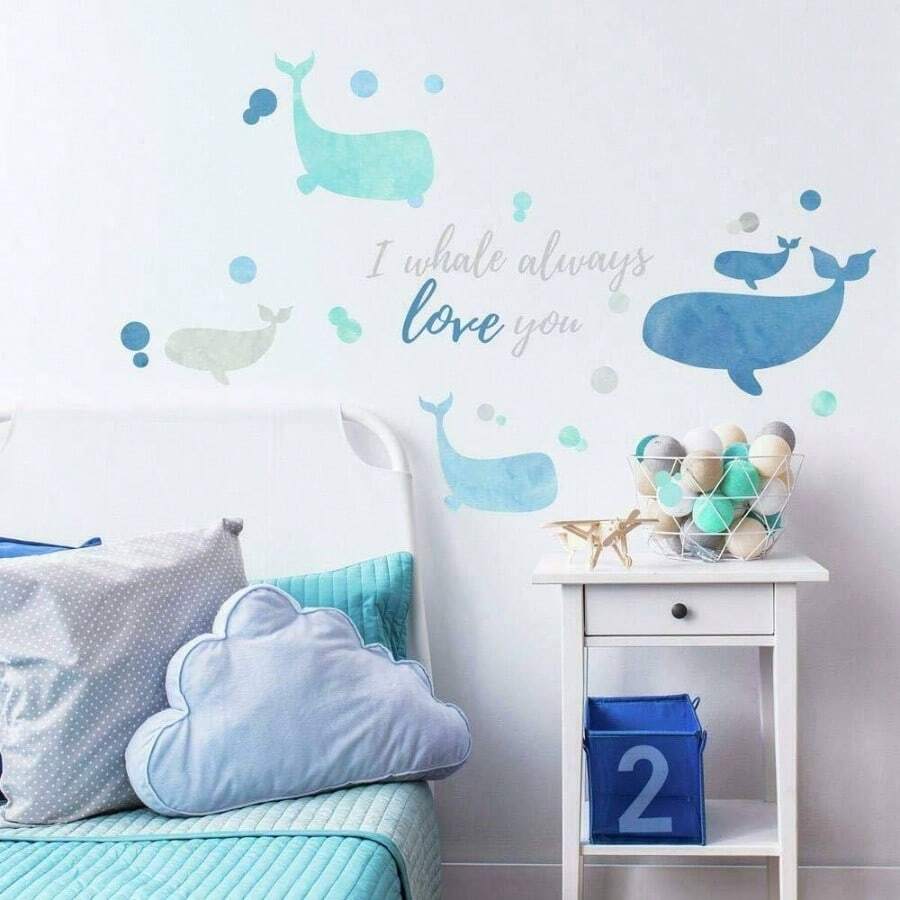 RMK3609SCS I Whale Love You - Calcomanas de pared gigantes de 9x 17.5 pulgadas - Azul / Patchwork - Ver 1