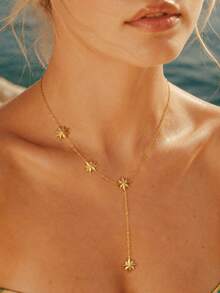 Collar de cadena larga en forma de Y para mujer, colgante de estrella del norte octogonal de acero inoxidable estilo gota, resistente al agua y al desvanecimiento, chapado en oro de 18K - Dorado - Ver 1