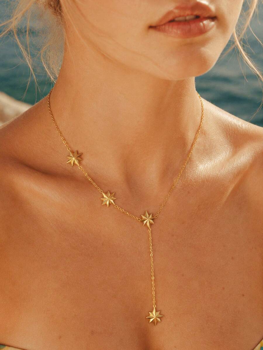Collar de cadena larga en forma de Y para mujer, colgante de estrella del norte octogonal de acero inoxidable estilo gota, resistente al agua y al desvanecimiento, chapado en oro de 18K - Dorado - Ver 1