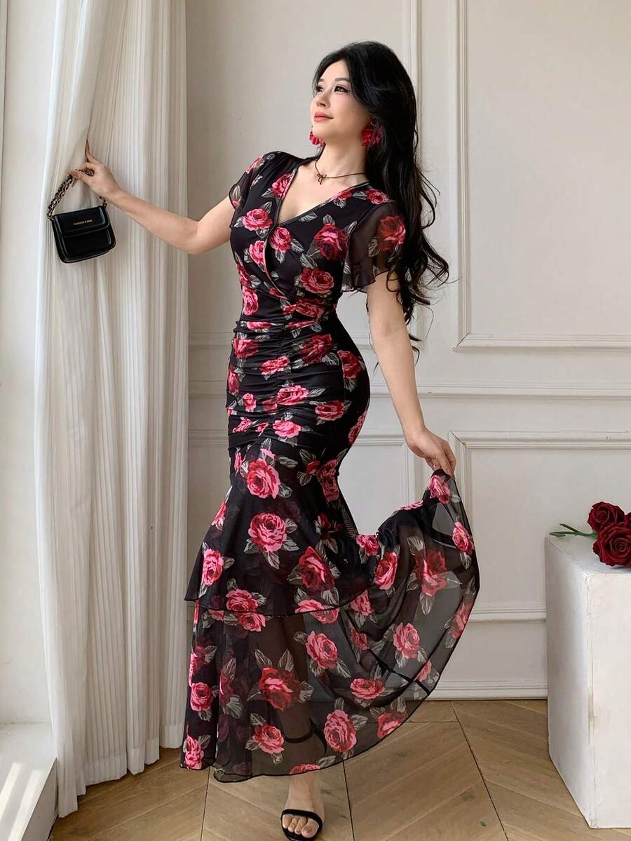 YkhahaYkhahaCelisse Vestido ceñido de mujer con cuello en V, plisado y estampadoYkhahaYkhaha - Negro - Ver 1