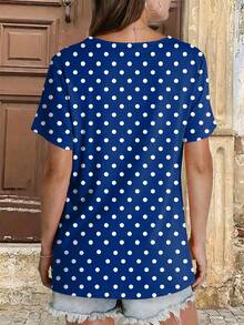 Kaos Wanita Ukuran Besar Motif Polkadot Model Kerut Kasual Lengan Pendek Leher V untuk Liburan Musim Panas - Biru - View 4