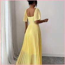 Vestido de línea A para mujer de color amarillo crema con cuello cuadrado y cintura ceñida, elegante y romántico - Burdeos - Ver 3