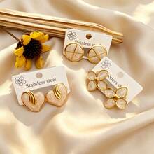 16 Pairs Gold-Plated Stainless Steel Heart-Shaped Enamel Earrings - Suitable For Women's Workplace Accessories - Multicolor - View 2