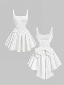 MOD Vestido corto de mujer decorado con moño rosa, vestido de mujer, ropa de mujer, vestido para fiesta de vacaciones, vestido modesto, vestido de vacaciones, - Blanco - Ver 1