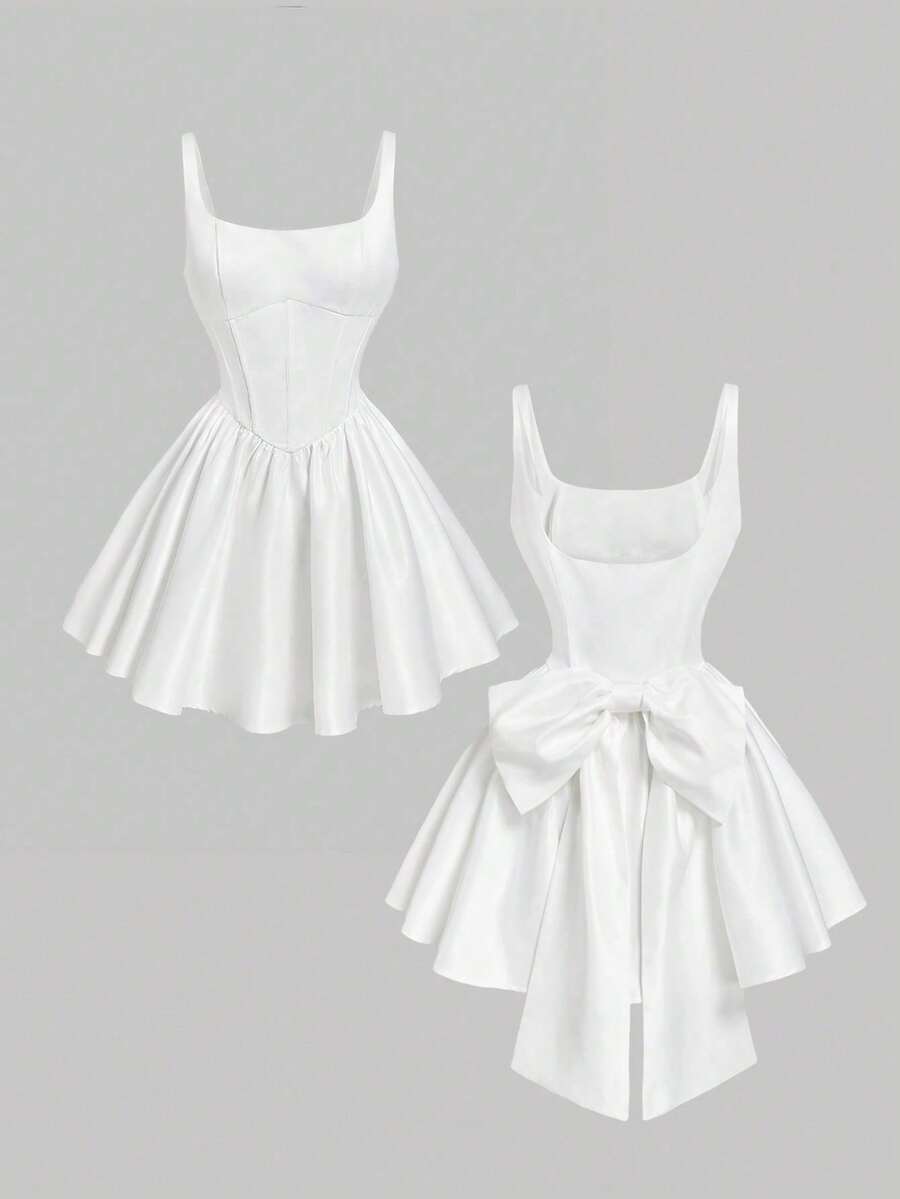 MOD Vestido corto de mujer decorado con moño rosa, vestido de mujer, ropa de mujer, vestido para fiesta de vacaciones, vestido modesto, vestido de vacaciones, - Blanco - Ver 1