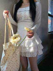 Cream White Frill Trim Skirt, High Waist Slimming Ballerina Tutu Skirt For Summer - White - View 2
