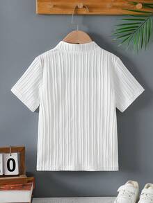夏季男童純色亨利領短袖 Polo 羅紋舒適休閒百搭上衣，適合上學穿著 - 白色 - 查看 2