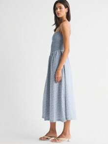 Striped Bandeau Strappy Dress With Open Back And Pockets, A-Line Length - Blue - View 2