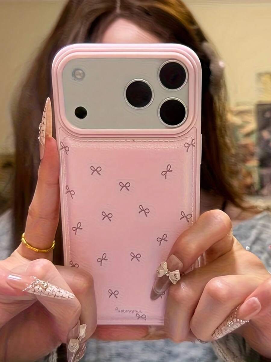 Luxury Pink Bow Full Coverage Phone Case Protective Cover, Luxury Pink Lychee Leather Texture Phone Case, Compatible With IPhone17/17Air/17Pro/17ProMax/16/15/14/13/12/11, TPU Soft Full Coverage Protective Shell Spring/Summer New Gift - Pink - View 1
