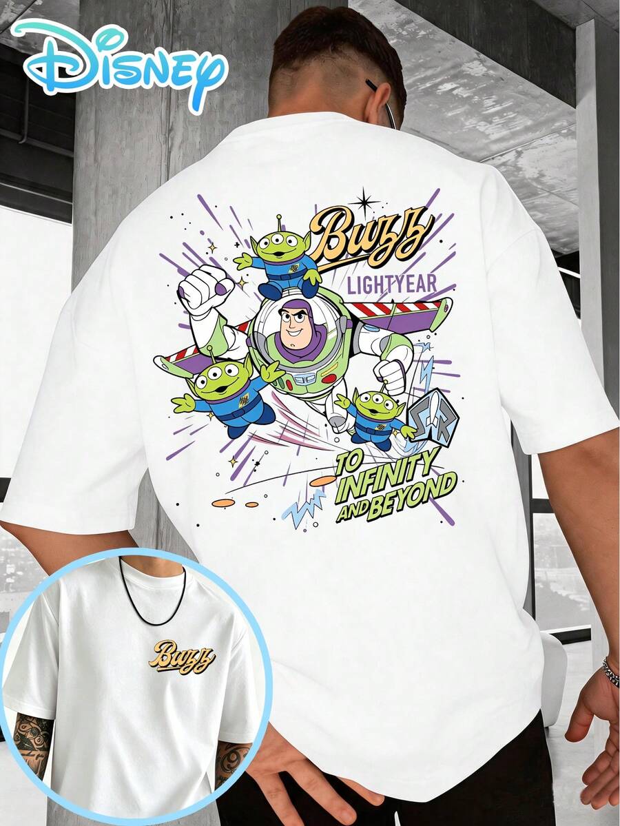 Officially Licensed Disney Toy Story T-Shirt Featuring An Illustration Of Buzz Lightyear And The Alien Explosion, Cartoon Style, Short-Sleeved Men's Shirt Made Of Pure Cotton, Streetwear, Suitable For Summer. - 白色 - 查看 1