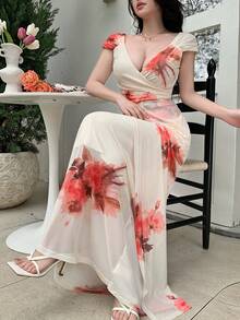 YkhahaYkhahaCelisse Vestido con cuello cruzado, estampado de malla y drapeado para mujeres, ideal para vacacionesYkhahaYkhaha - Albaricoque - Ver 1