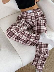 de estar por casa de mujer con estampado a cuadros, cintura elástica y pierna recta, para invierno y Navidad - Multicolor - Ver 1
