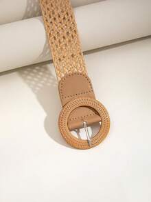 1pc Women's Bohemian Style Holiday Wooden Button PP Straw Woven Belt - Camel - View 3