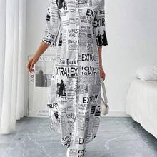 Vestido camisero de mujer de estilo maxi con estampado de periódico - Multicolor - Ver 5