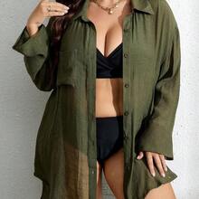 dagjydgfyja Swim Vcay Cover up de hombros caídos con parche de bolsillo con botón delantero sin sujetador - Negro01 - Ver 2
