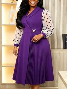Plus Size Dark Purple Elegant Pleated Midi Dress Women Lapel Collar Polka Dot Sheer Long Sleeves High Waist Elegant Business Church Fall Outfit - Purple - View 4