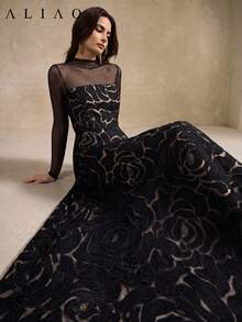 Glazenia Summer Elegant Jacquard Patchwork Tulle Long-Sleeve Dress, Retro Palace Style Long Gown For Weddings, Parties And Daily Wear Vacation Black - Black - View 8