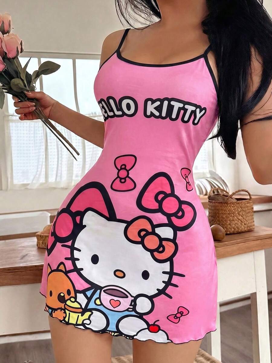 SANRIO 1件 Hello Kitty 粉色休闲可爱舒适简约吊带裙(女款) - 玫紅色 - 查看 1