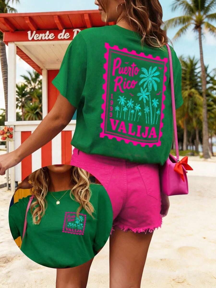 Women's Casual Printed T-Shirt, Short Sleeve And Round Neck, Local Urban Fashion Spring/Summer. Women's Blouses, Women's T-Shirts. 180g (S-XXXL) - 綠色 - 查看 1