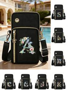 Women's Fashion Minimalist Crossbody Mini Phone Bag, Printed With Gradient Green Floral A-Z Letter Pattern, Fashionable Portable Outdoor Activity Accessory Mini Phone Bag, Wrist Bag, Multi-Layer Bag, Women's Coin Purse, School Supplies, Minimalist Handbag - Multicolor - View 3