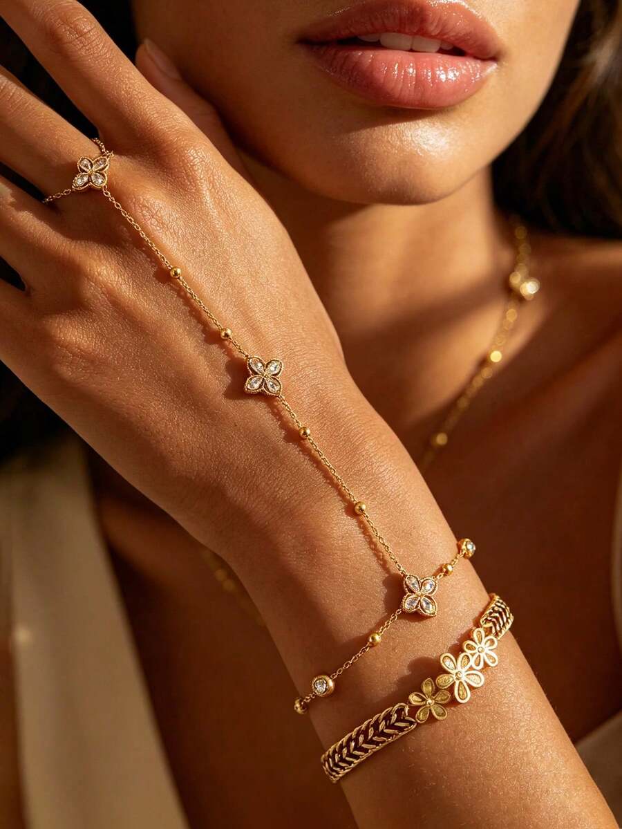 Elegante pulsera de dedo con trébol de cuatro hojas de la suerte de circonita dorada, playa de verano, joyería de acero inoxidable para mujer, estilo bohemio, regalo para la madre, uso diario, fiesta, cumpleaños, Día de San Valentín - Multicolor 4 - Ver 1