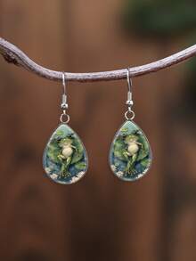 1 Pair Cartoon Fairy Tale Style Water Lily Frog Pattern With 316 Stainless Steel Teardrop Ear Hooks, Minimalist Style Suitable For Women's Daily Gift Wearing Jewelry Earrings, Elegant Minimalist Style Women's Suitable For Daily Vacation Wearing Jewelry Earrings - Olive Green - View 1
