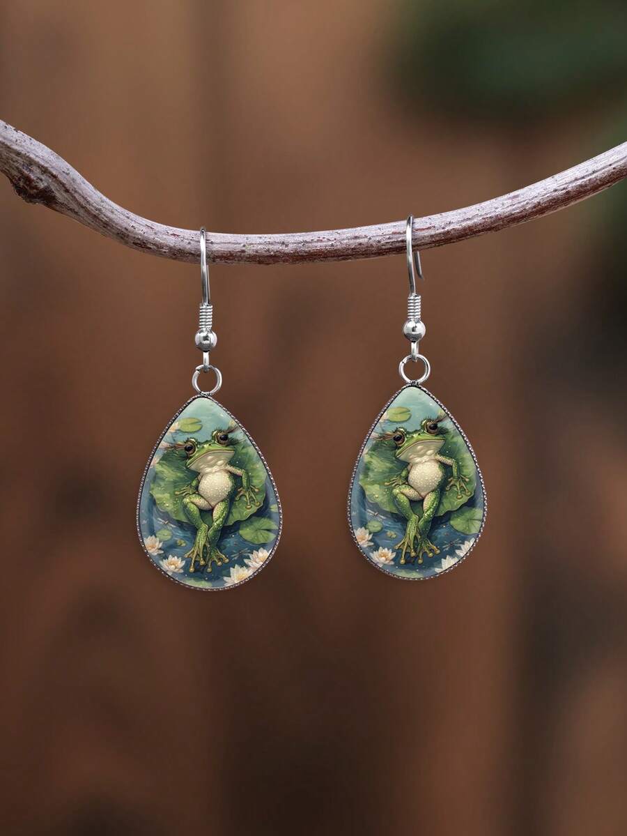 1 Pair Cartoon Fairy Tale Style Water Lily Frog Pattern With 316 Stainless Steel Teardrop Ear Hooks, Minimalist Style Suitable For Women's Daily Gift Wearing Jewelry Earrings, Elegant Minimalist Style Women's Suitable For Daily Vacation Wearing Jewelry Earrings - Olive Green - View 1
