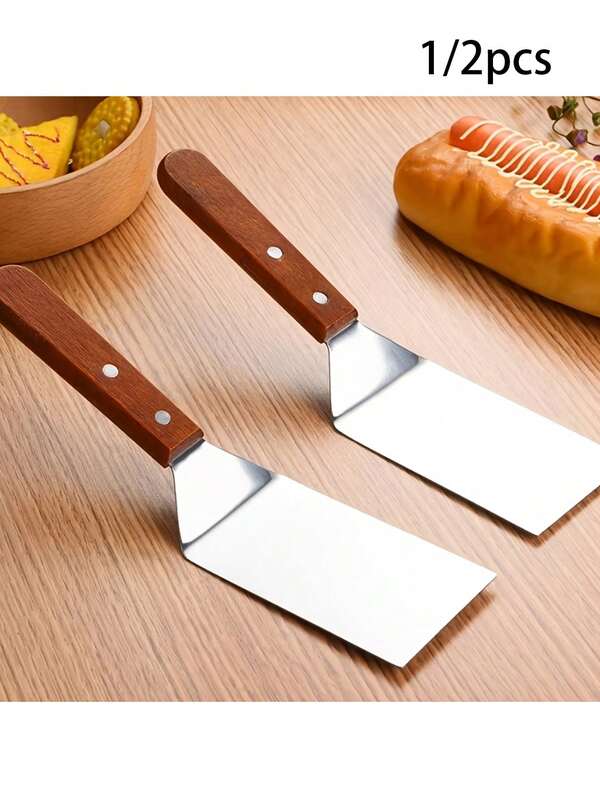 1/2pcs Stainless Steel Frying Pan Spatula, Large Metal Pancake Turner, Stainless Steel Cake Knife, Wooden Handle, Pancake Turner, Steak Spatula, Cake Spatula, Kitchen Tool, Cake And Dessert Tool, Suitable For Cast Iron Skillet, Baking Sheet, Cake, Frying Pan, BBQ, Pancake, Burger, Ideal BBQ And Home Kitchen Tool, Cooking Utensil, Kitchen Gadget, Suitable For Men And Women Gift